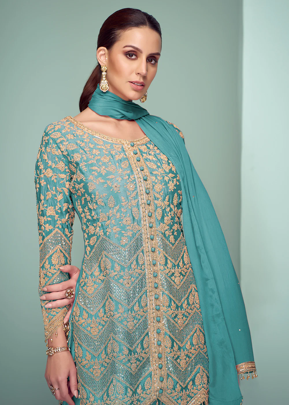 Turquoise Real Chinnon Embroidered Designer Palazzo Suit - Image 2