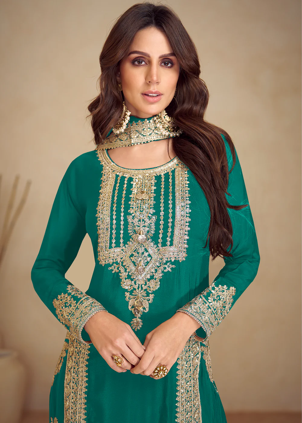 Turquoise Real Chinnon Silk Pant Style Festive Dress - Image 2