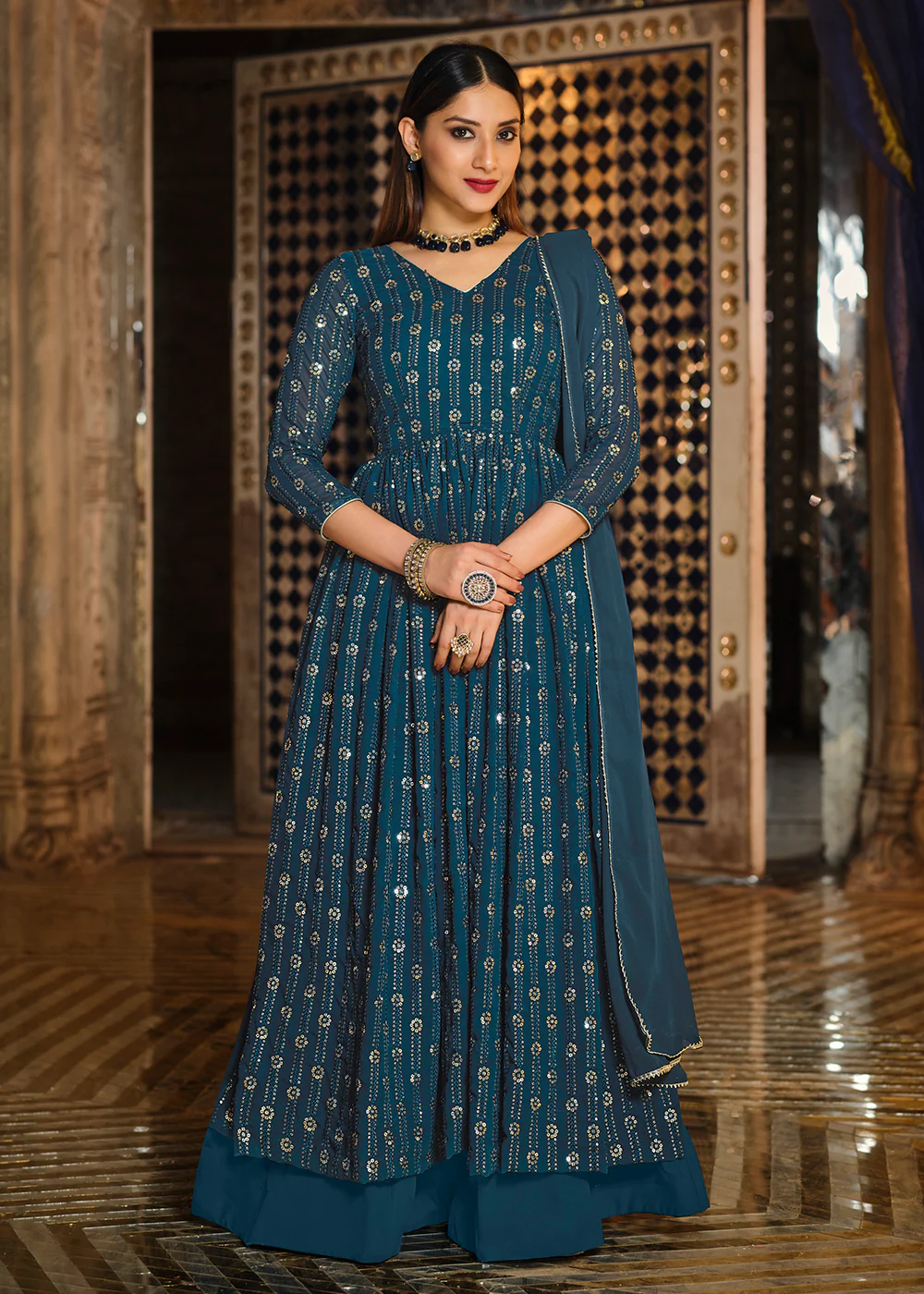 Turquoise Sequins Front Slit Wedding Wear Anarkali Lehenga