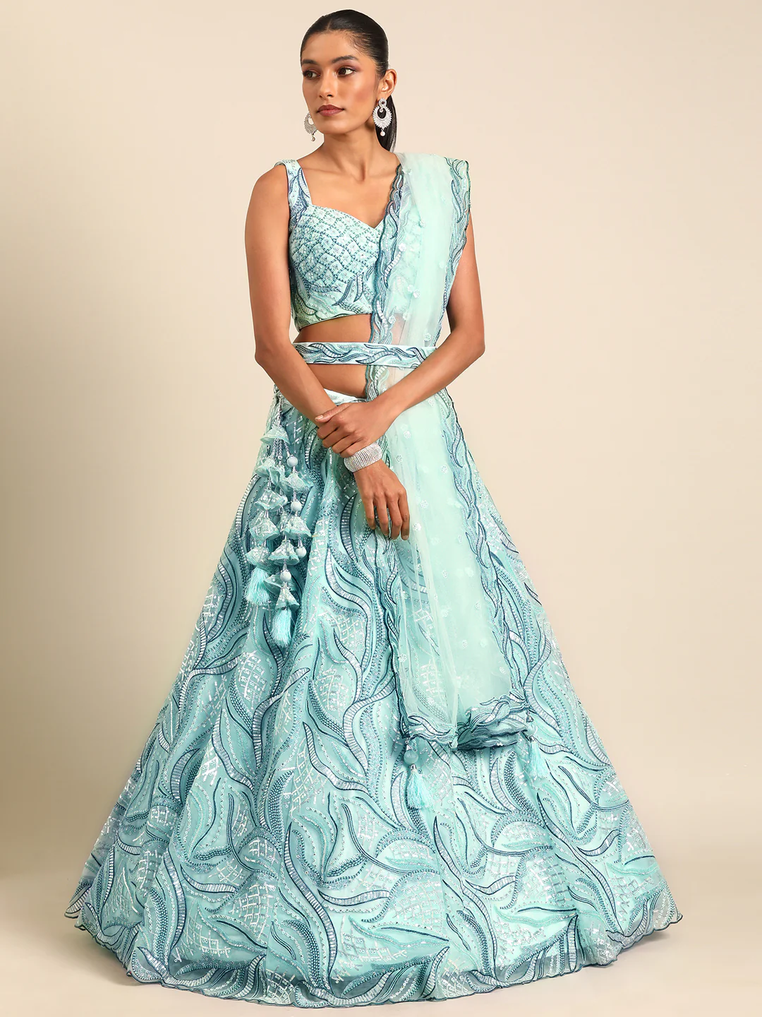 Turquoise Sequins & Zarkan Embroidered Reception Lehenga Choli