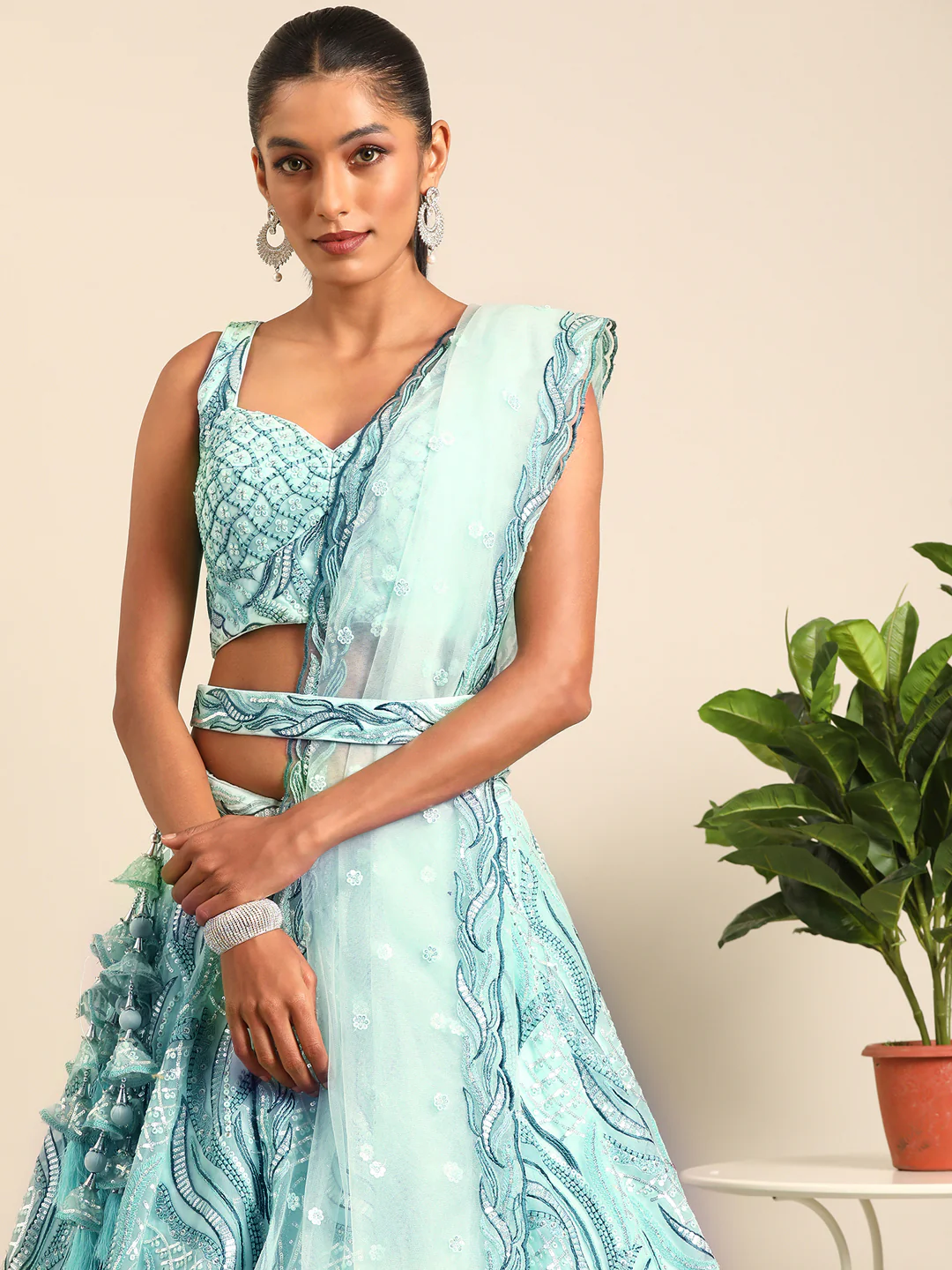 Turquoise Sequins & Zarkan Embroidered Reception Lehenga Choli - Image 2