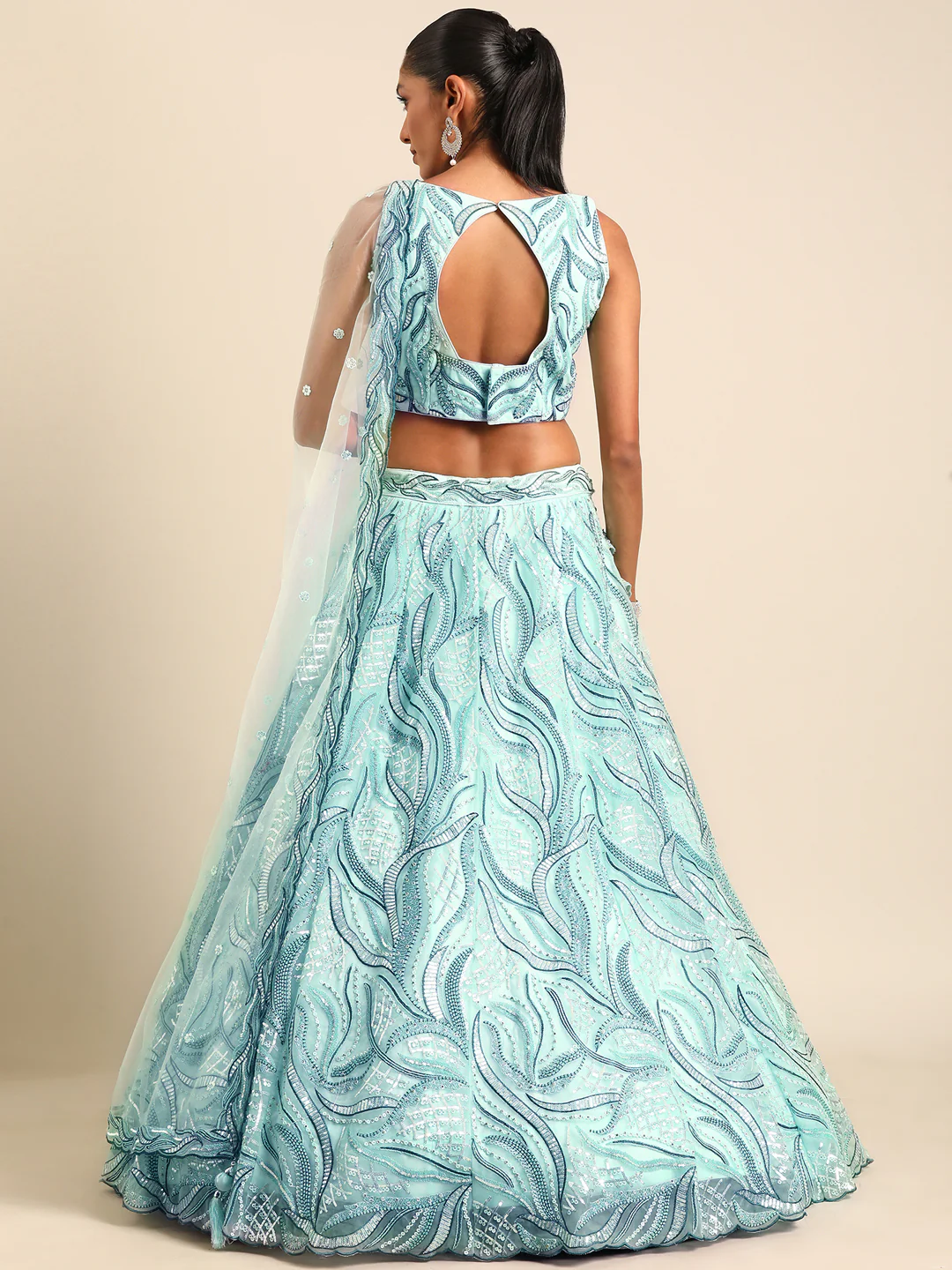 Turquoise Sequins & Zarkan Embroidered Reception Lehenga Choli - Image 3