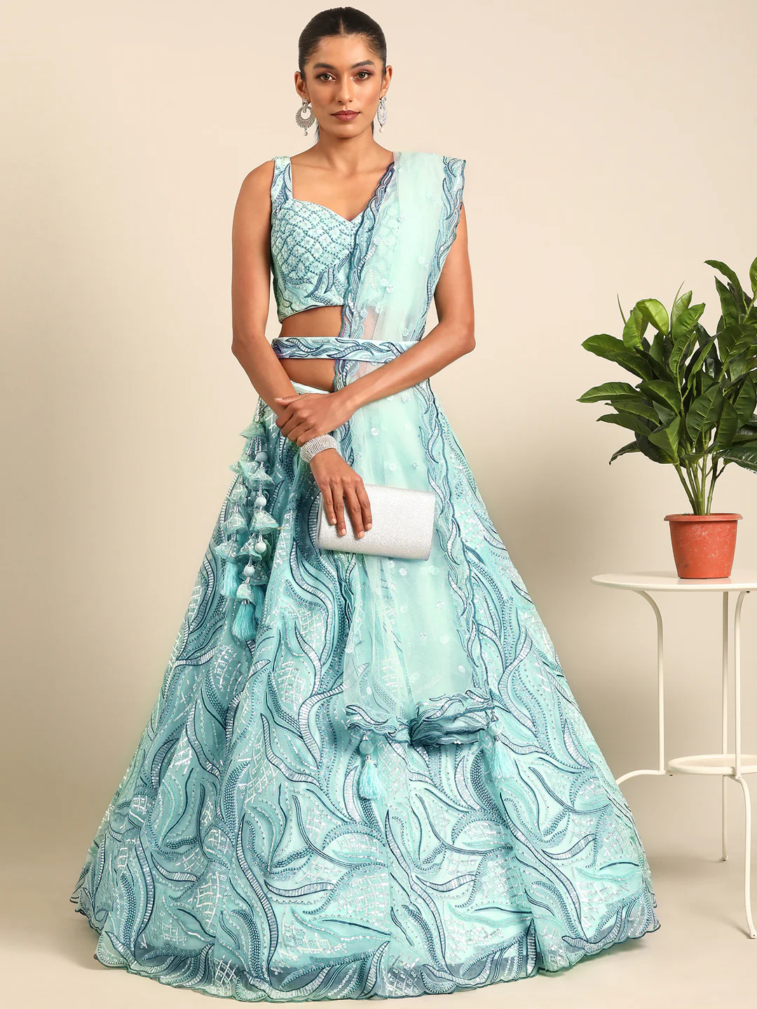 Turquoise Sequins & Zarkan Embroidered Reception Lehenga Choli - Image 4