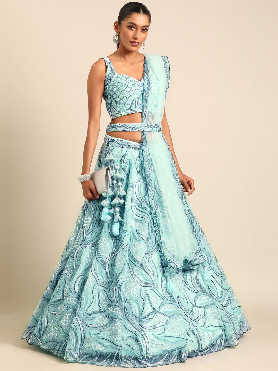 Turquoise Sequins & Zarkan Embroidered Reception Lehenga Choli - Image 6