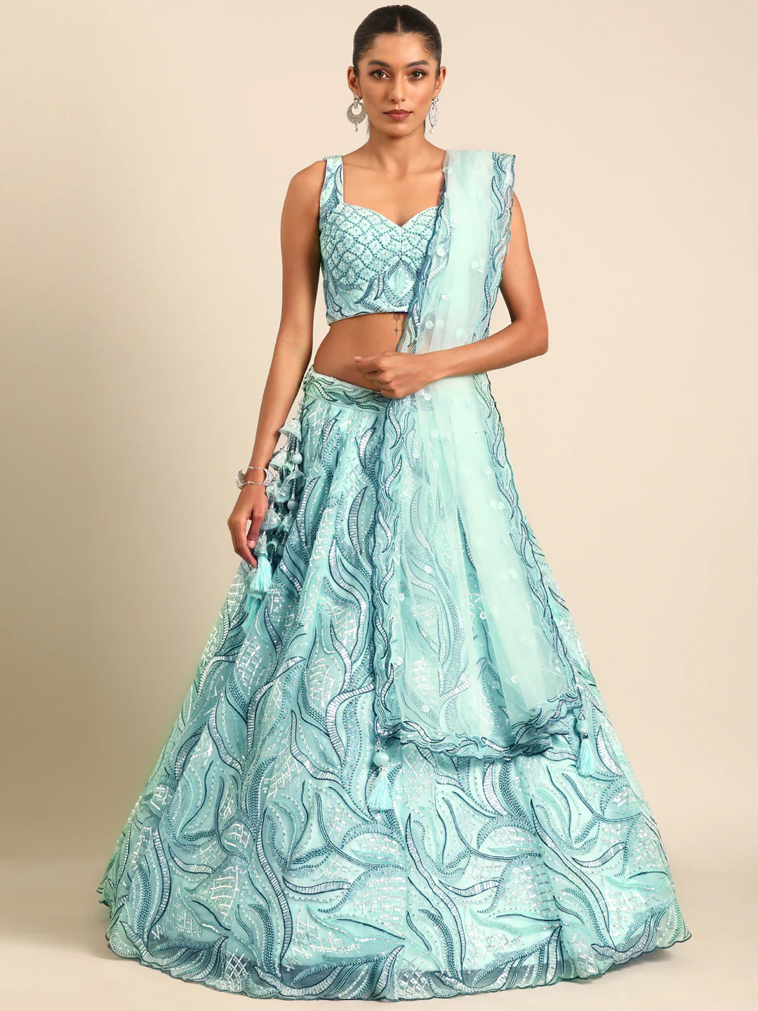 Turquoise Sequins & Zarkan Embroidered Reception Lehenga Choli - Image 7