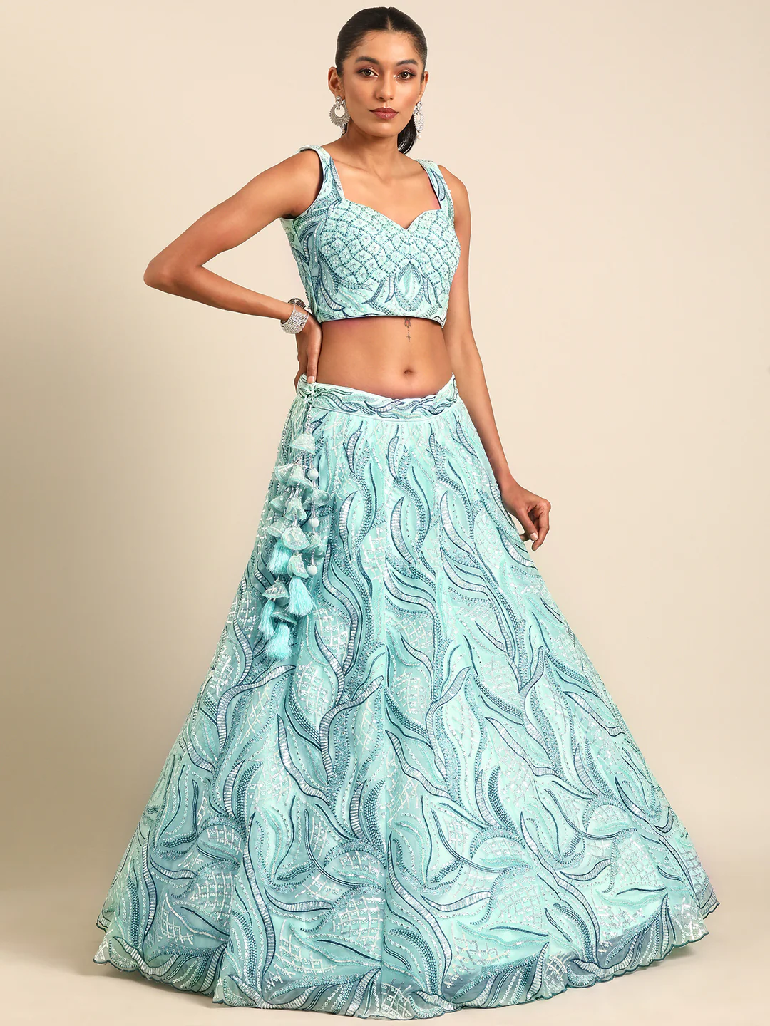 Turquoise Sequins & Zarkan Embroidered Reception Lehenga Choli - Image 8