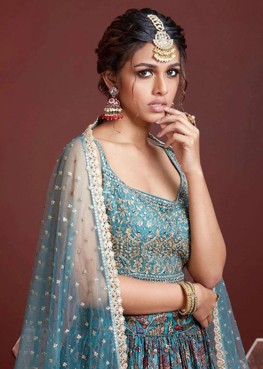Turquoise Silk Embroidered Festive Party Wear Lehenga Choli - Image 2