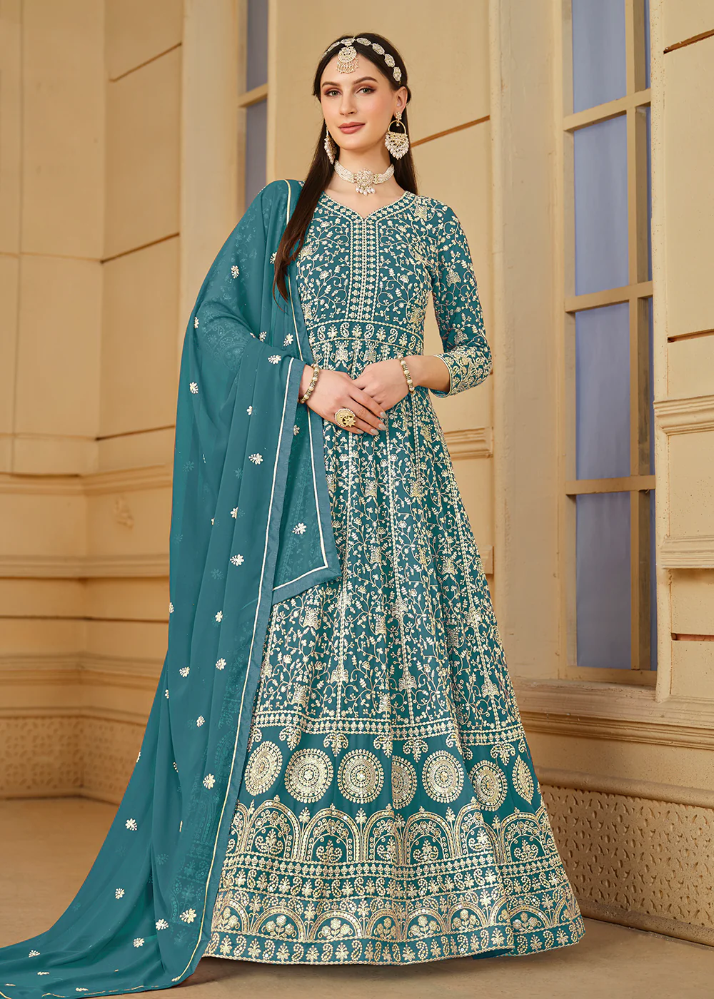 Turquoise Thread & Sequins Georgette Anarkali Suit
