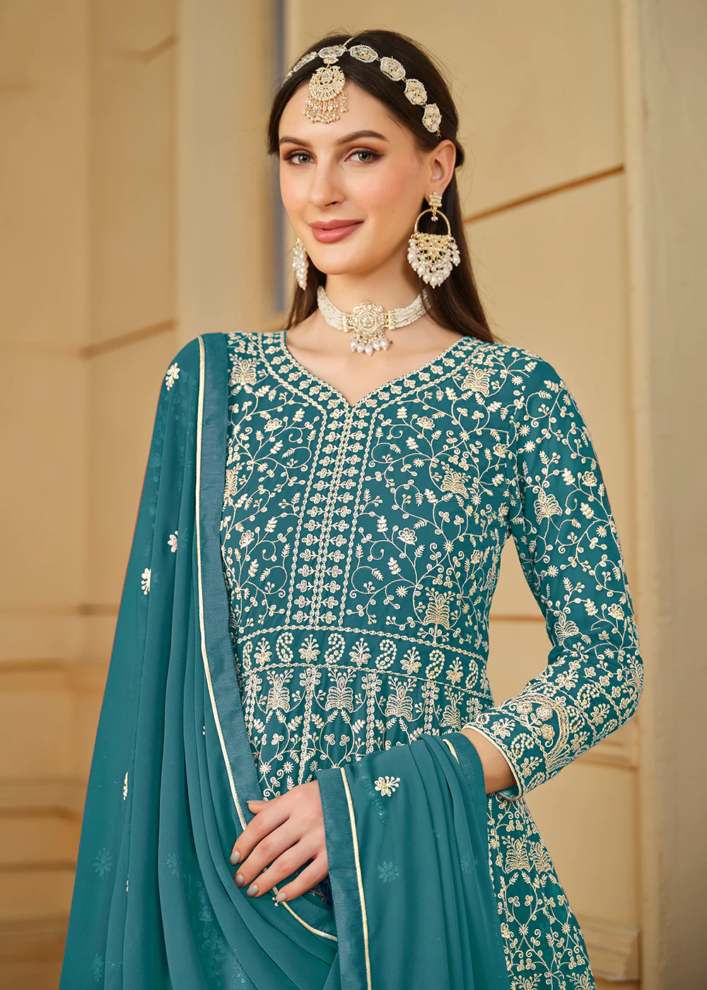 Turquoise Thread & Sequins Georgette Anarkali Suit - Image 2