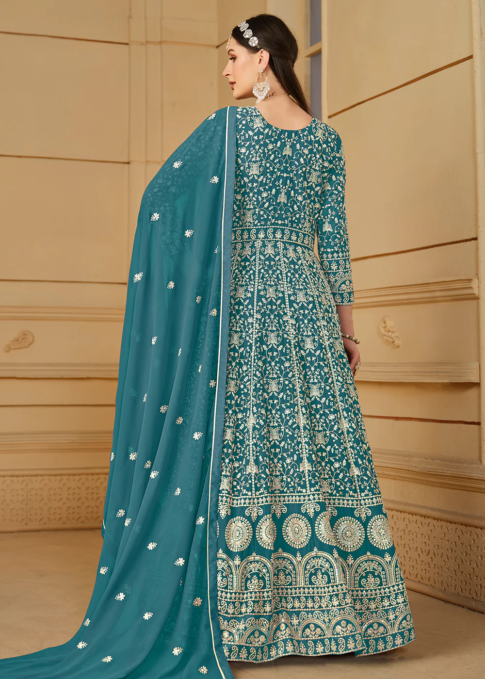 Turquoise Thread & Sequins Georgette Anarkali Suit - Image 3