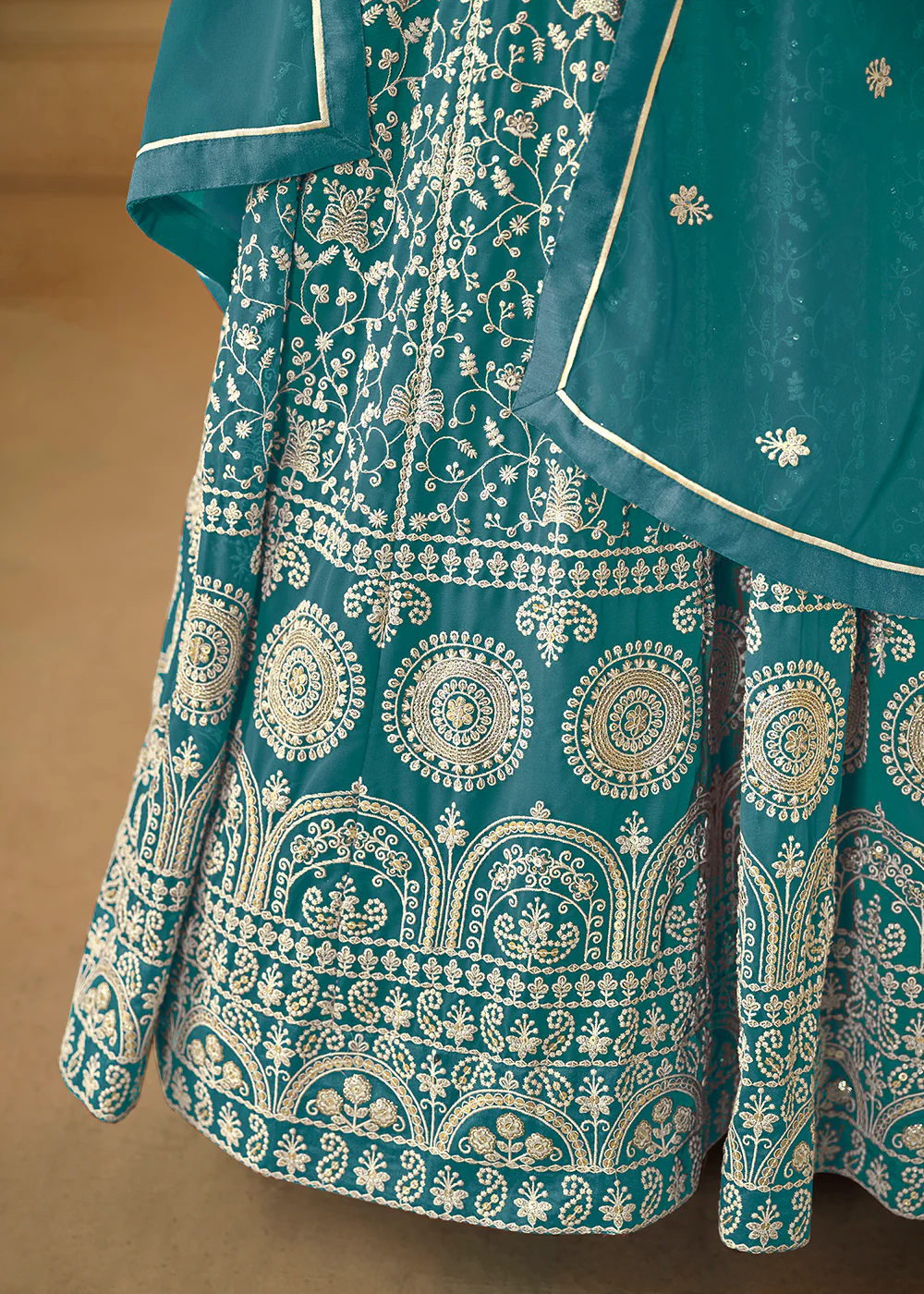 Turquoise Thread & Sequins Georgette Anarkali Suit - Image 4