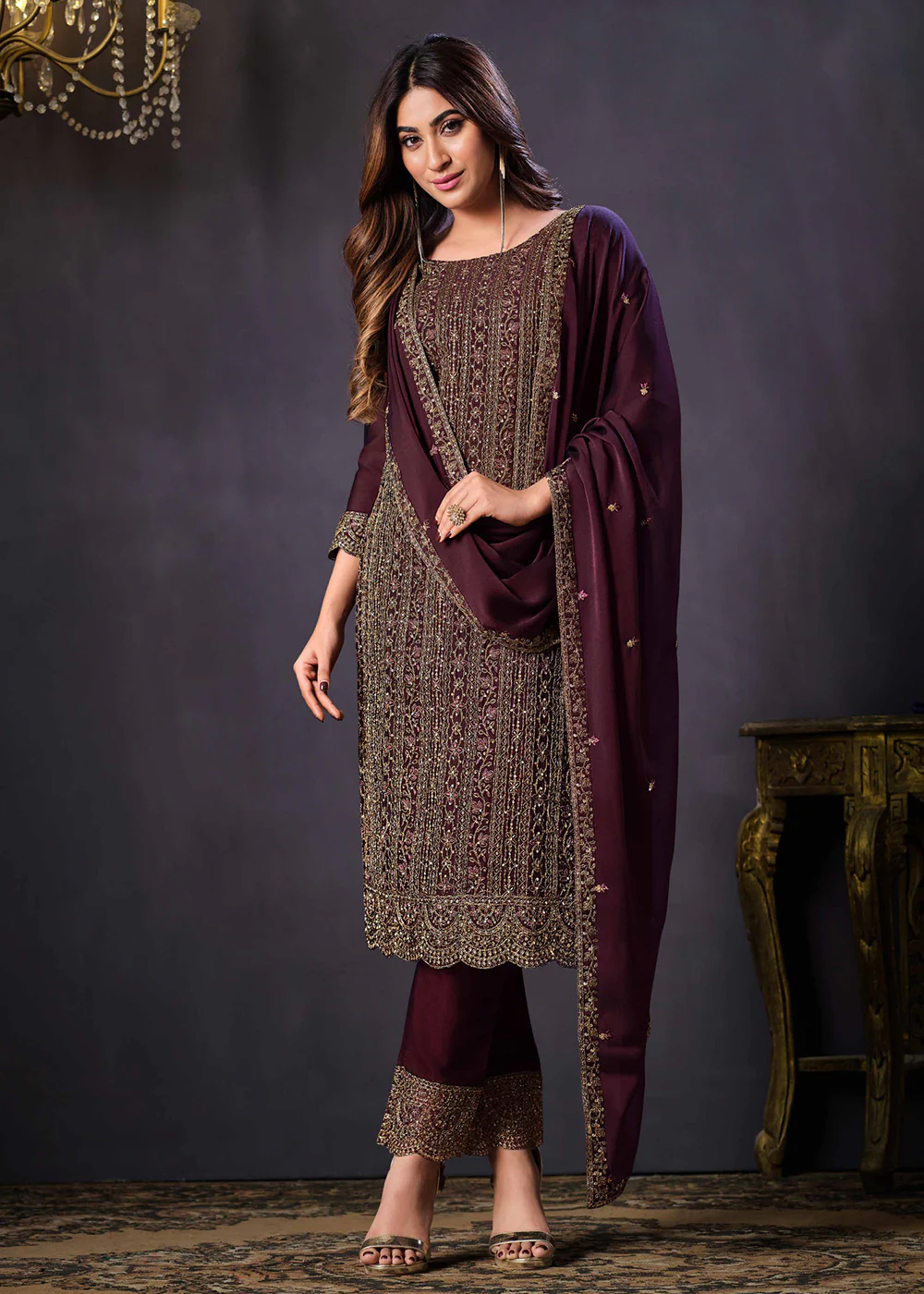 Two Tone Cottonic Georgette Dark Plum Function Style Salwar Suit