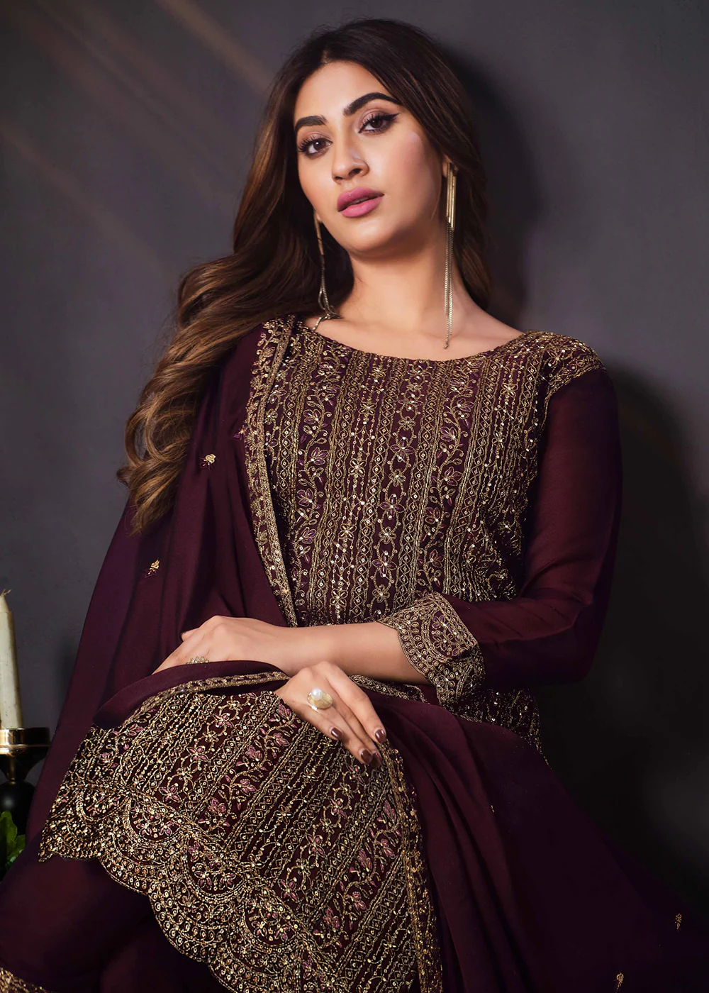 Two Tone Cottonic Georgette Dark Plum Function Style Salwar Suit - Image 2