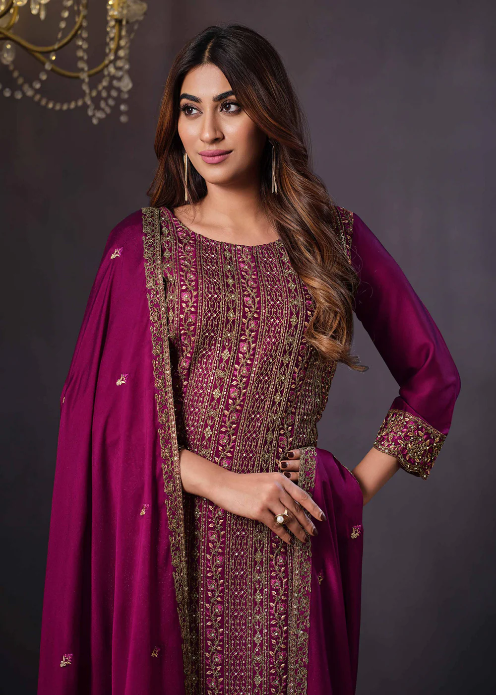 Two Tone Cottonic Georgette Magenta Function Style Salwar Suit - Image 2