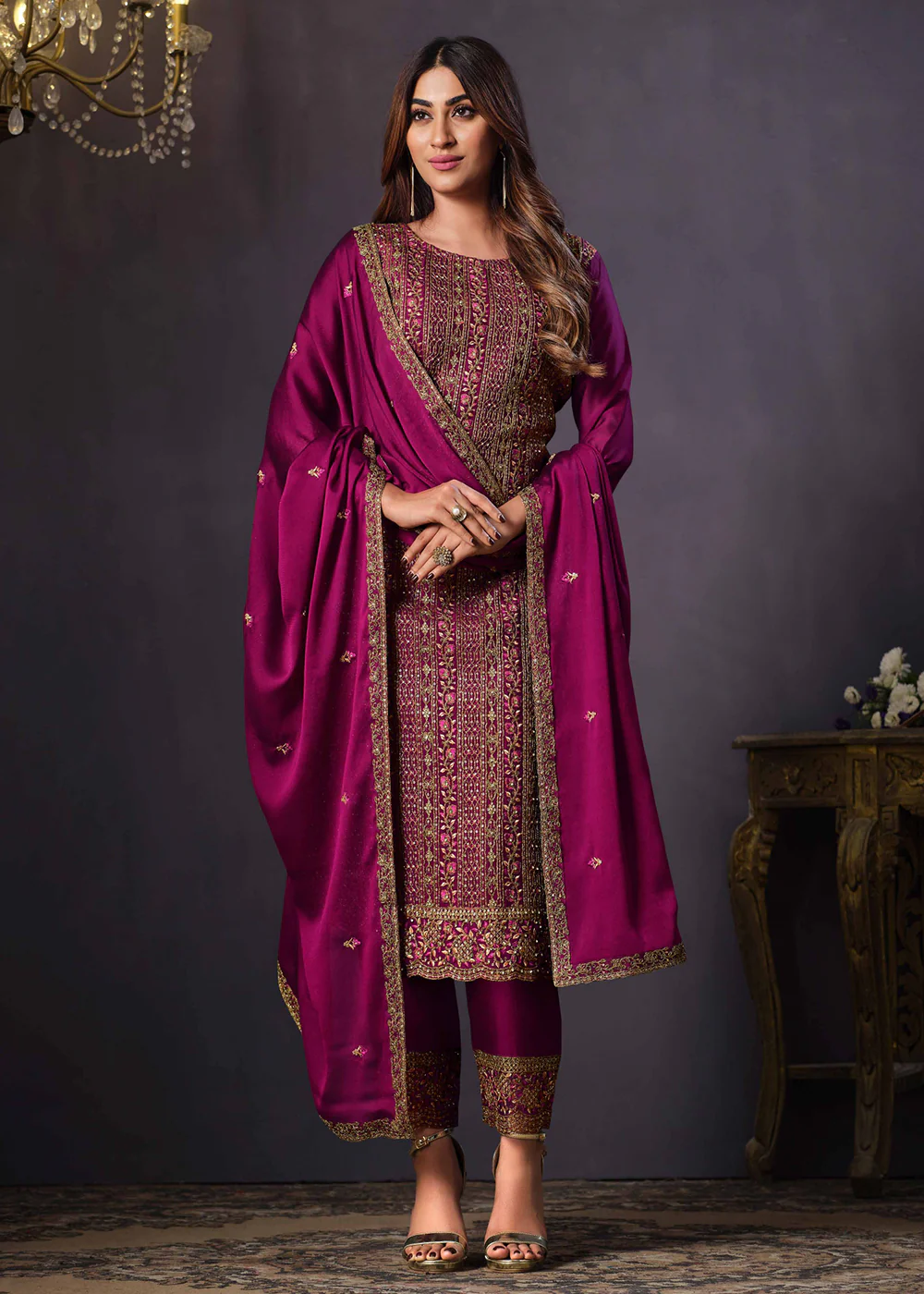 Two Tone Cottonic Georgette Magenta Function Style Salwar Suit - Image 3