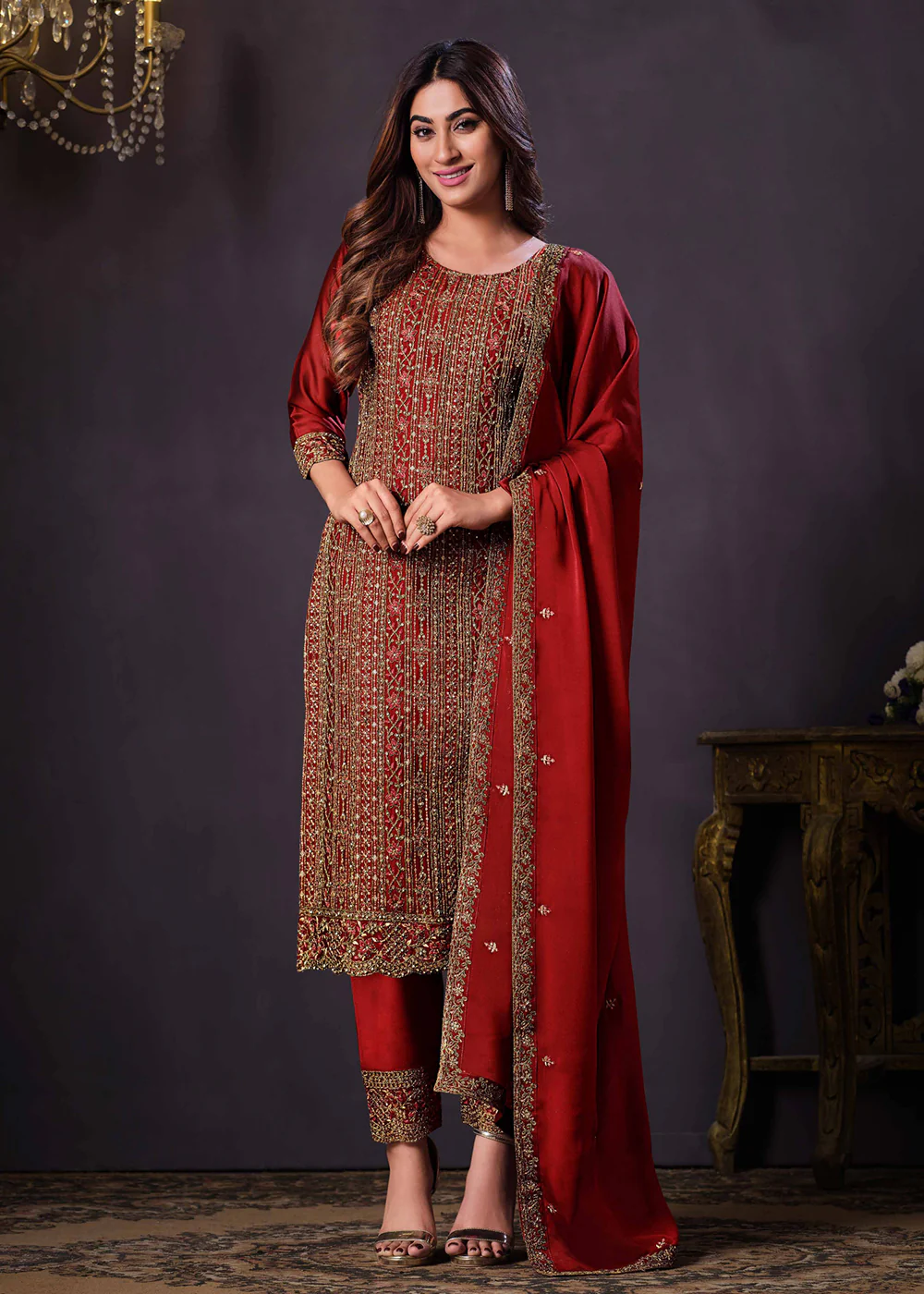 Two Tone Cottonic Georgette Red Function Style Salwar Suit