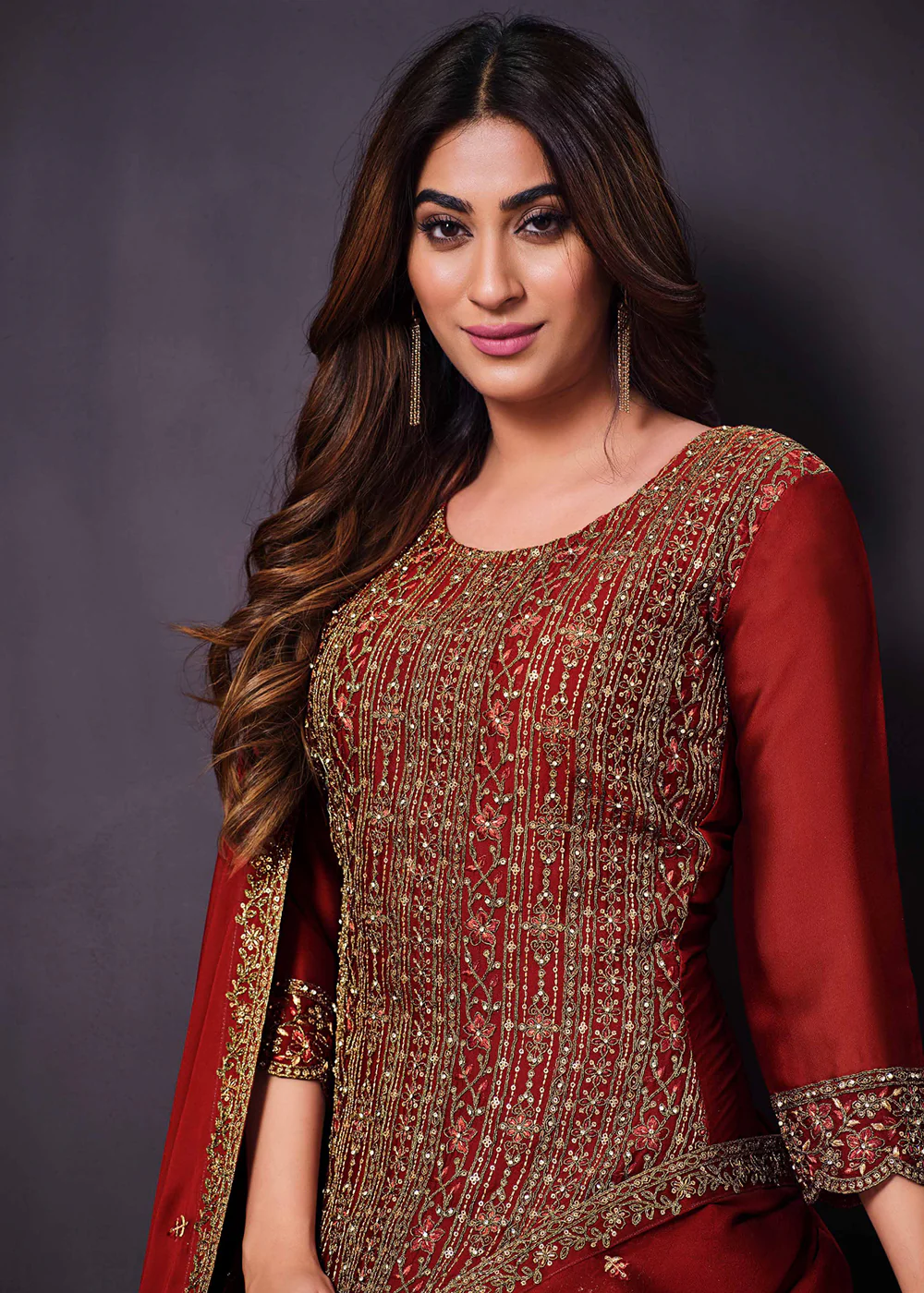 Two Tone Cottonic Georgette Red Function Style Salwar Suit - Image 2