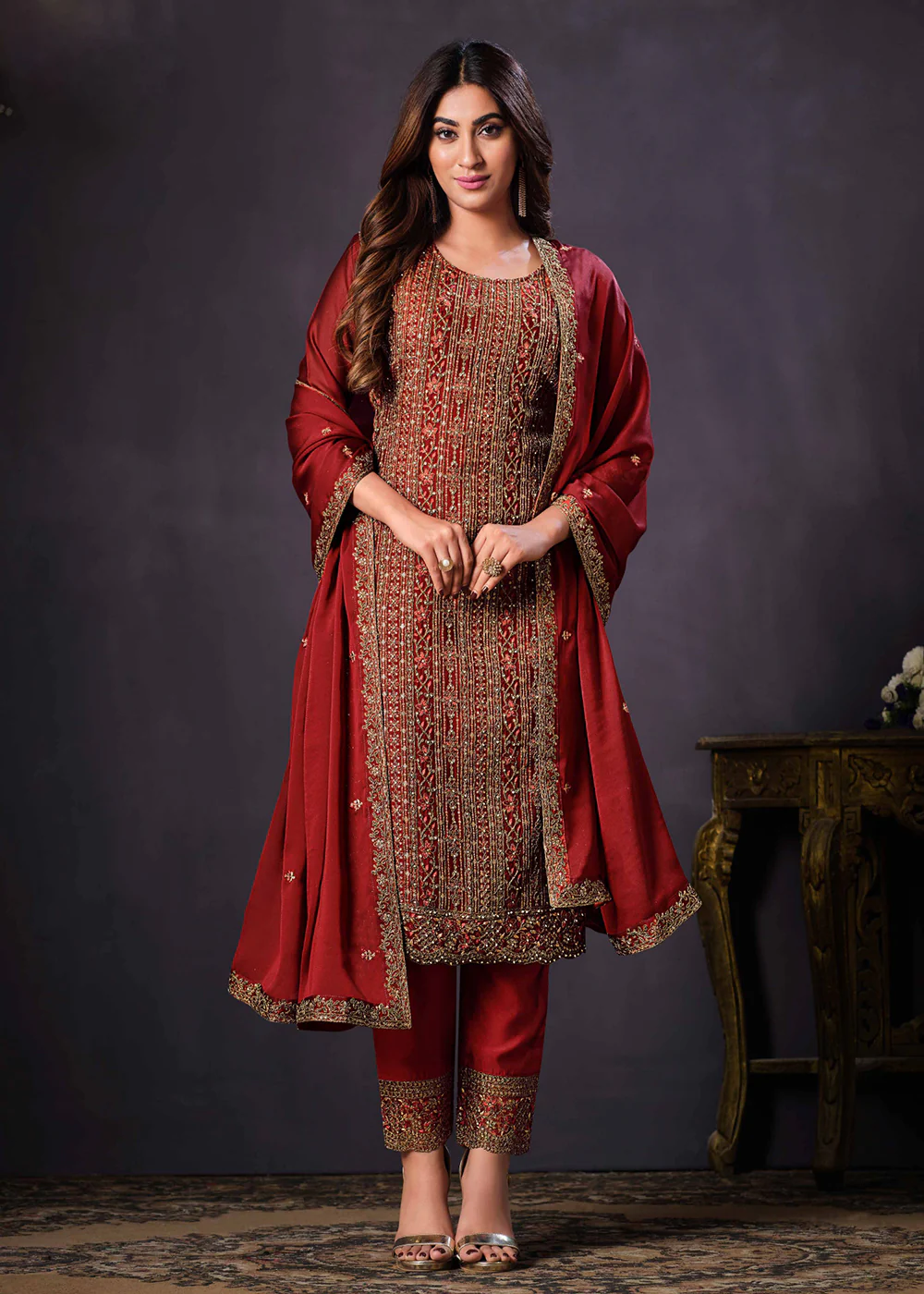 Two Tone Cottonic Georgette Red Function Style Salwar Suit - Image 3