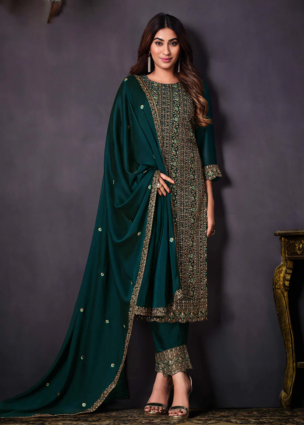Two Tone Cottonic Georgette Teal Green Function Style Salwar Suit