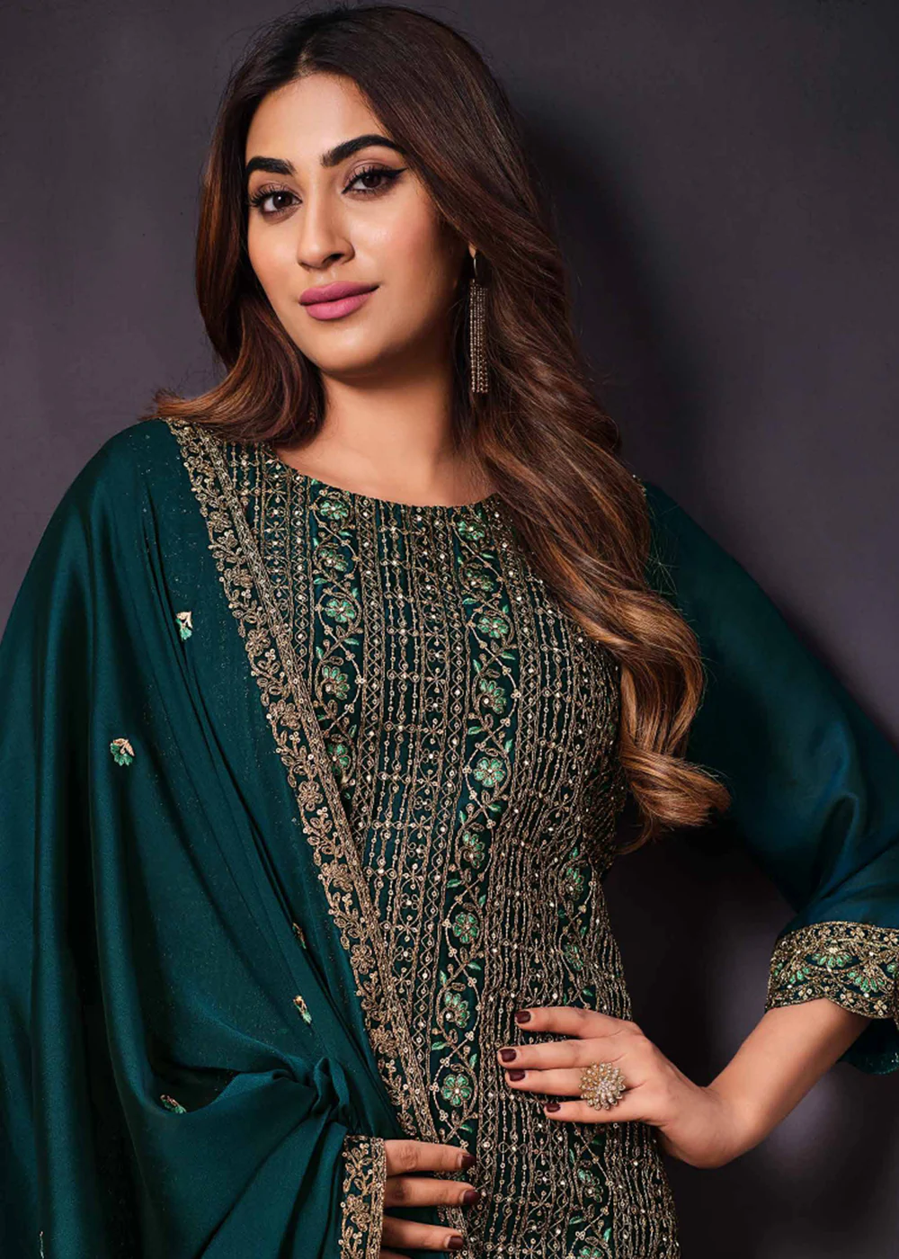 Two Tone Cottonic Georgette Teal Green Function Style Salwar Suit - Image 2