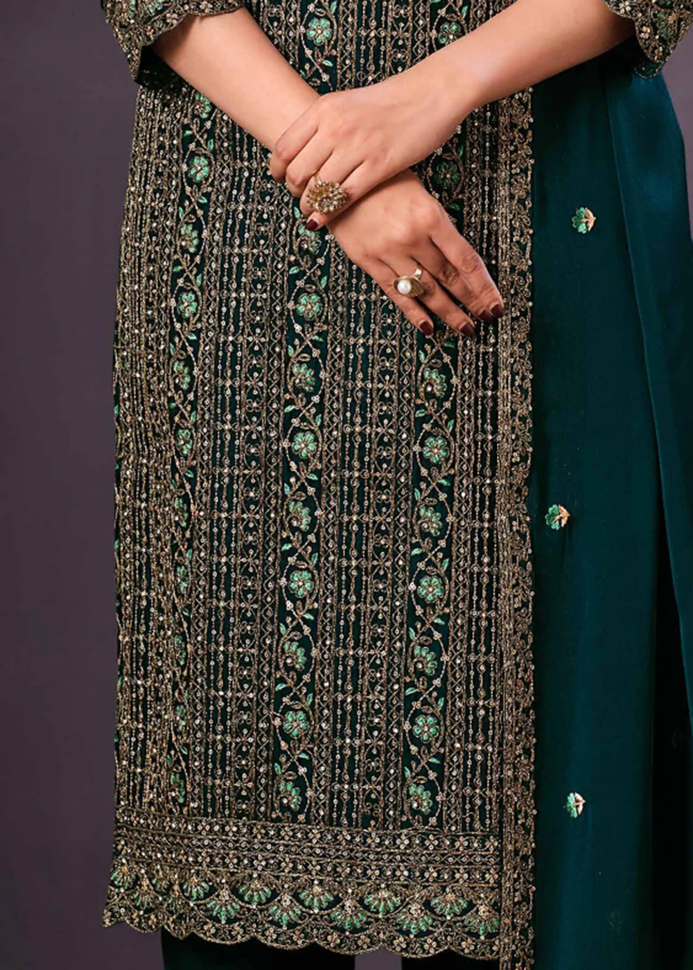 Two Tone Cottonic Georgette Teal Green Function Style Salwar Suit - Image 3