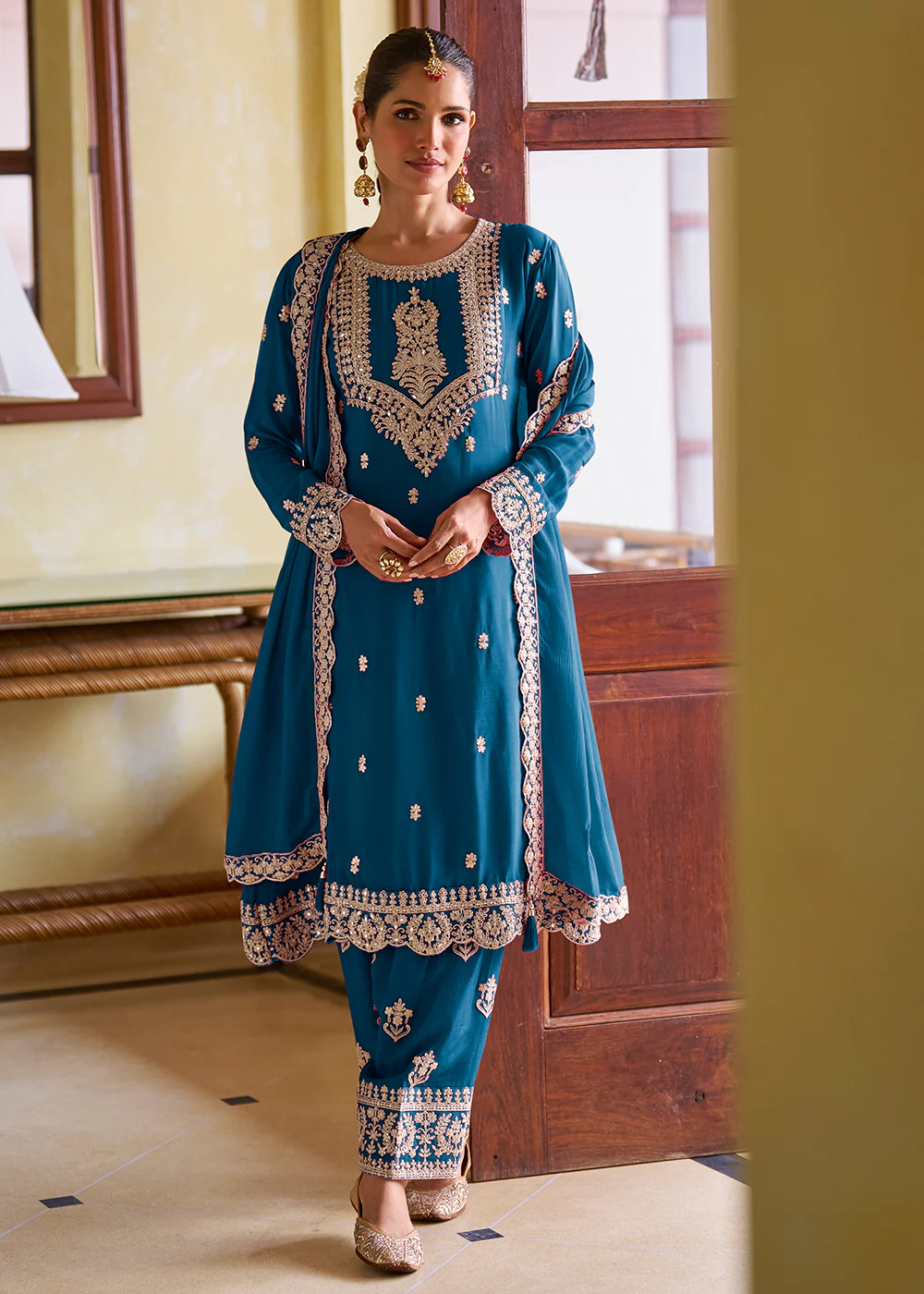 Ultimate Blue Color Chinnon Silk Festive Pant Style Suit