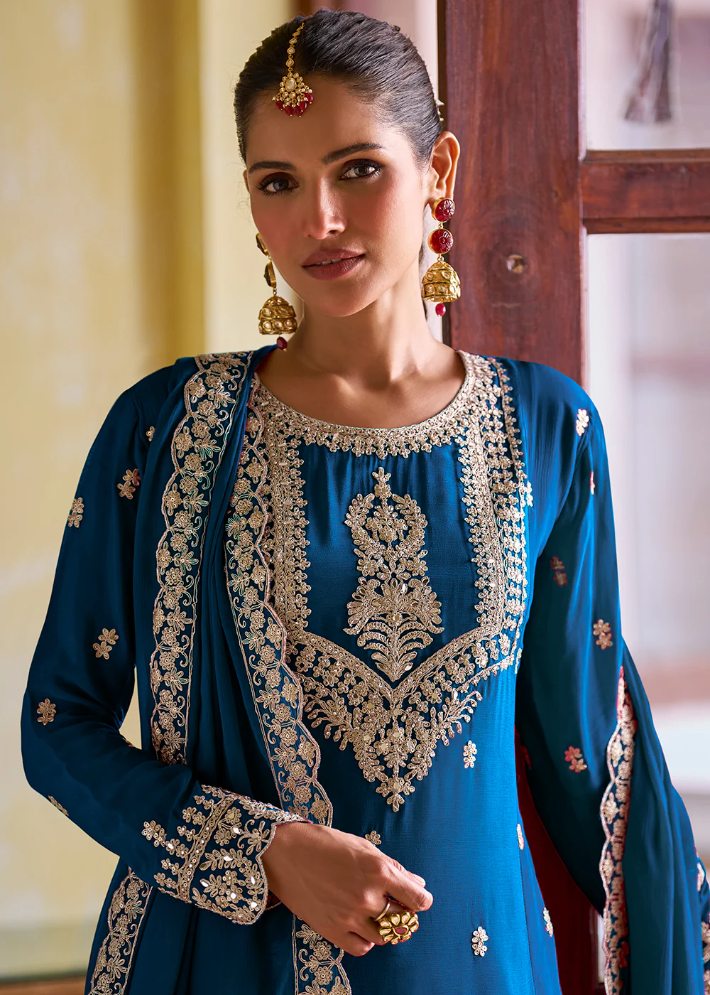 Ultimate Blue Color Chinnon Silk Festive Pant Style Suit - Image 2