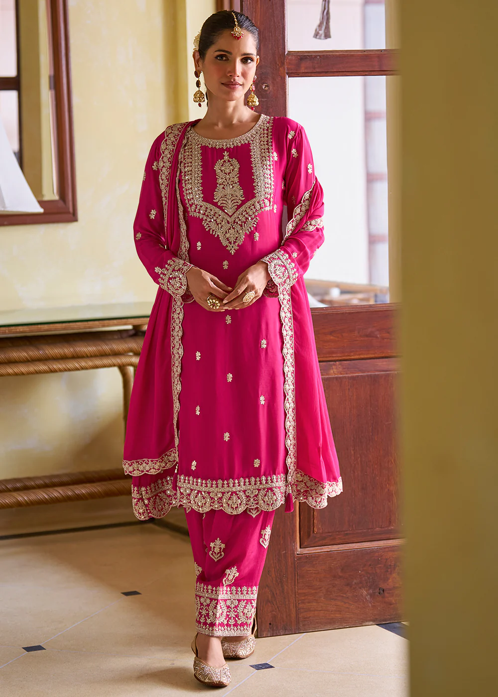 Ultimate Pink Color Chinnon Silk Festive Pant Style Suit