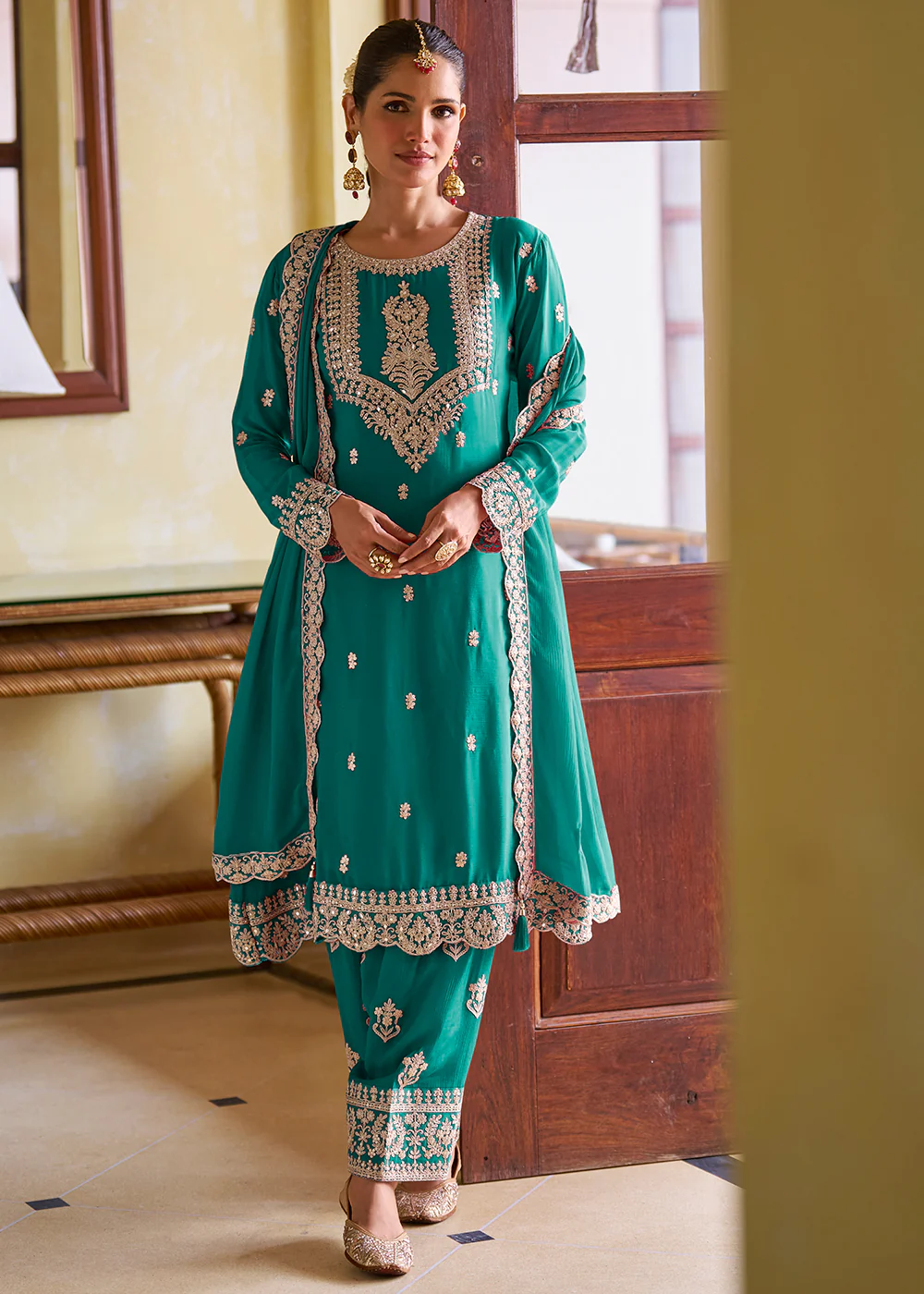 Ultimate Teal Color Chinnon Silk Festive Pant Style Suit