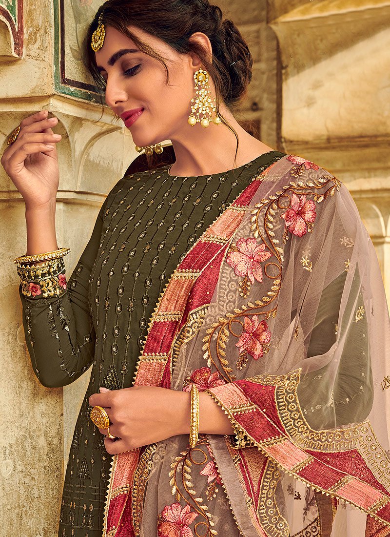 Unique Green Embroidered Georgette Palazzo Suit - Image 2