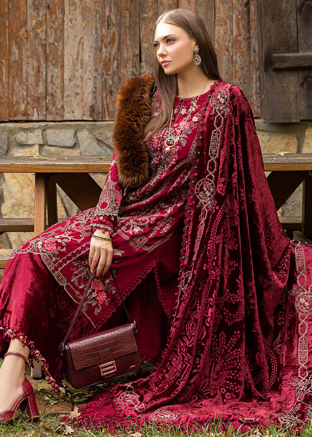 Unstitched Linen 23 by Maria B | Deep Pink DL-1112 - Image 3