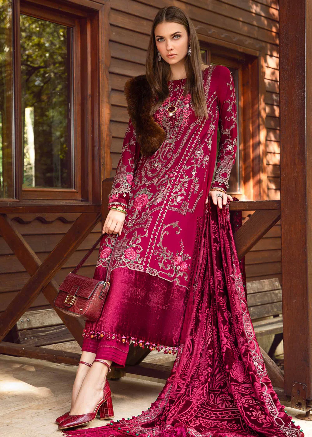 Unstitched Linen 23 by Maria B | Deep Pink DL-1112 - Image 7