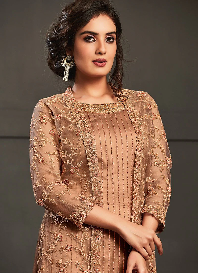 Urbane Peach Embroidered Net Jacket Style Suit - Image 2