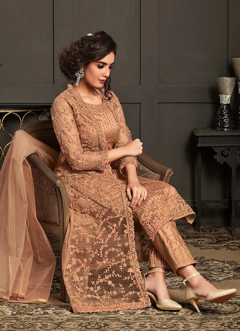 Urbane Peach Embroidered Net Jacket Style Suit - Image 3