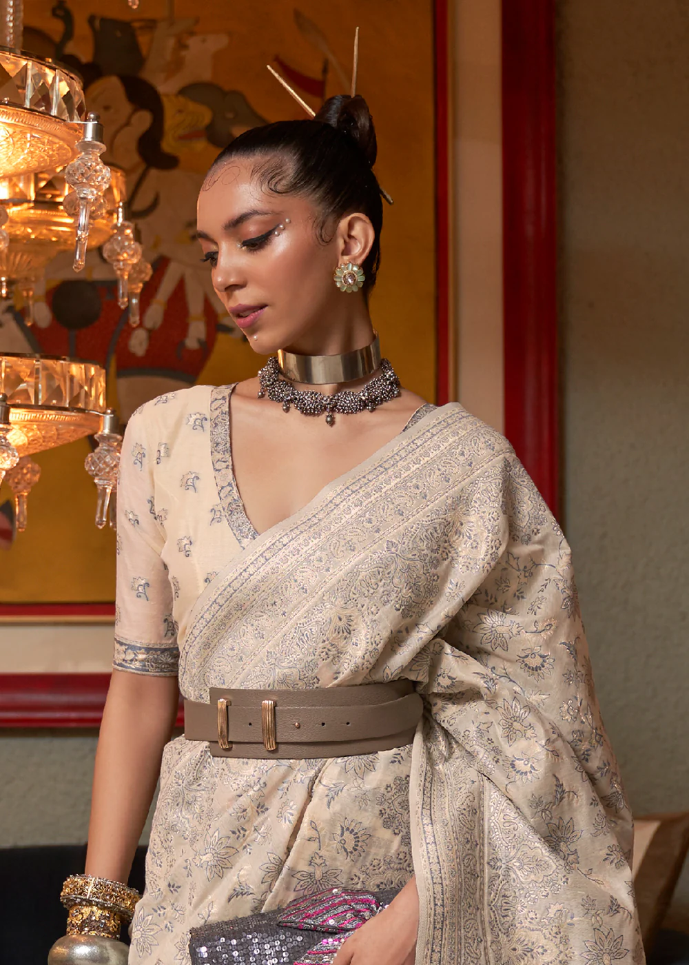 Vanilla Beige Woven Kashmiri Cotton Silk Saree - Image 2