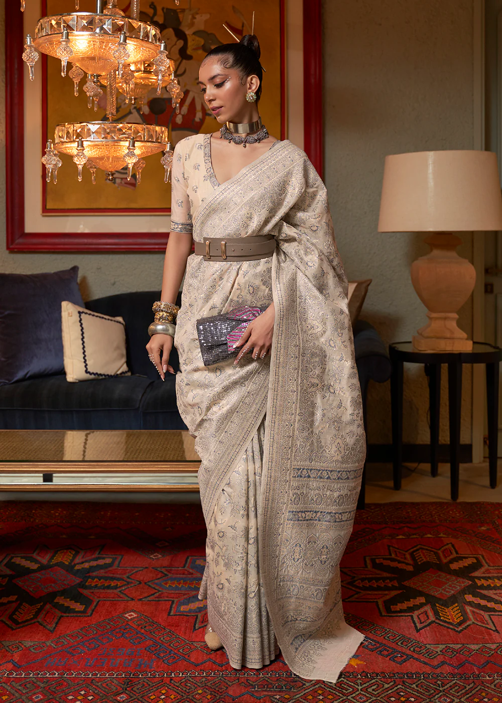 Vanilla Beige Woven Kashmiri Cotton Silk Saree - Image 3