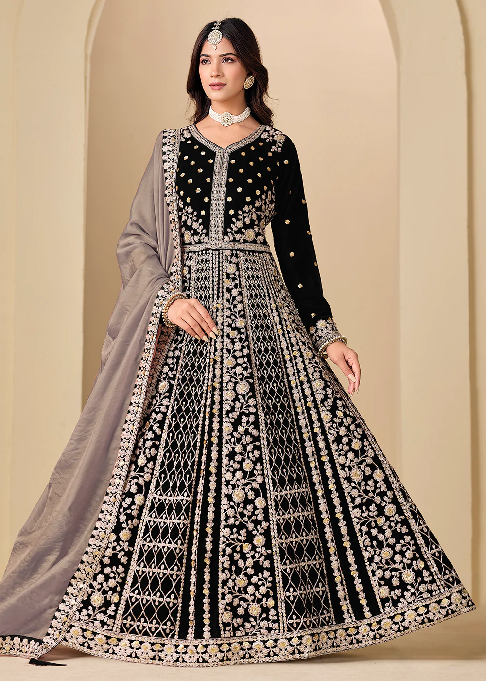 Velvet Black Embroidered Wedding Party Anarkali Gown