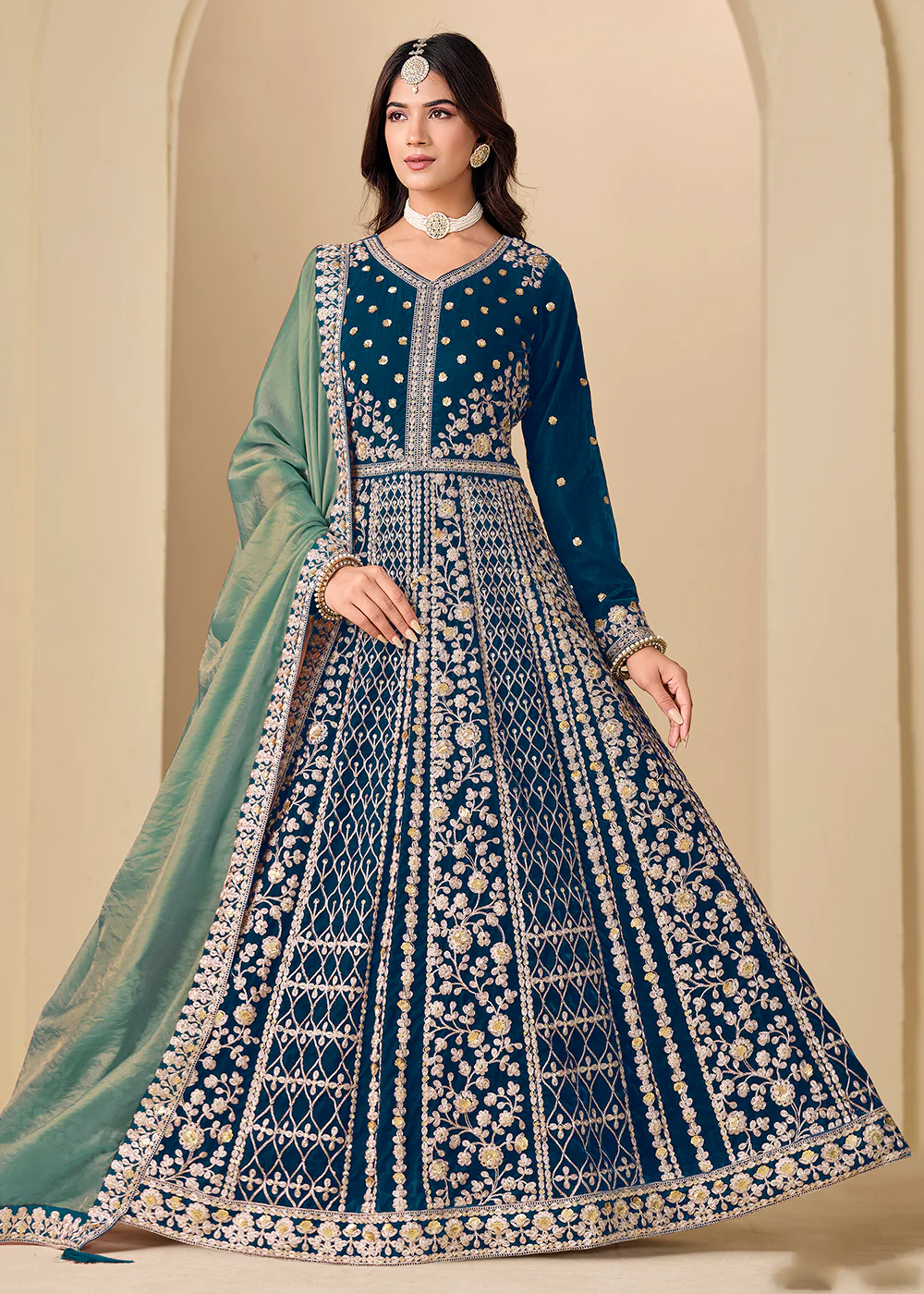 Velvet Blue Embroidered Wedding Party Anarkali Gown
