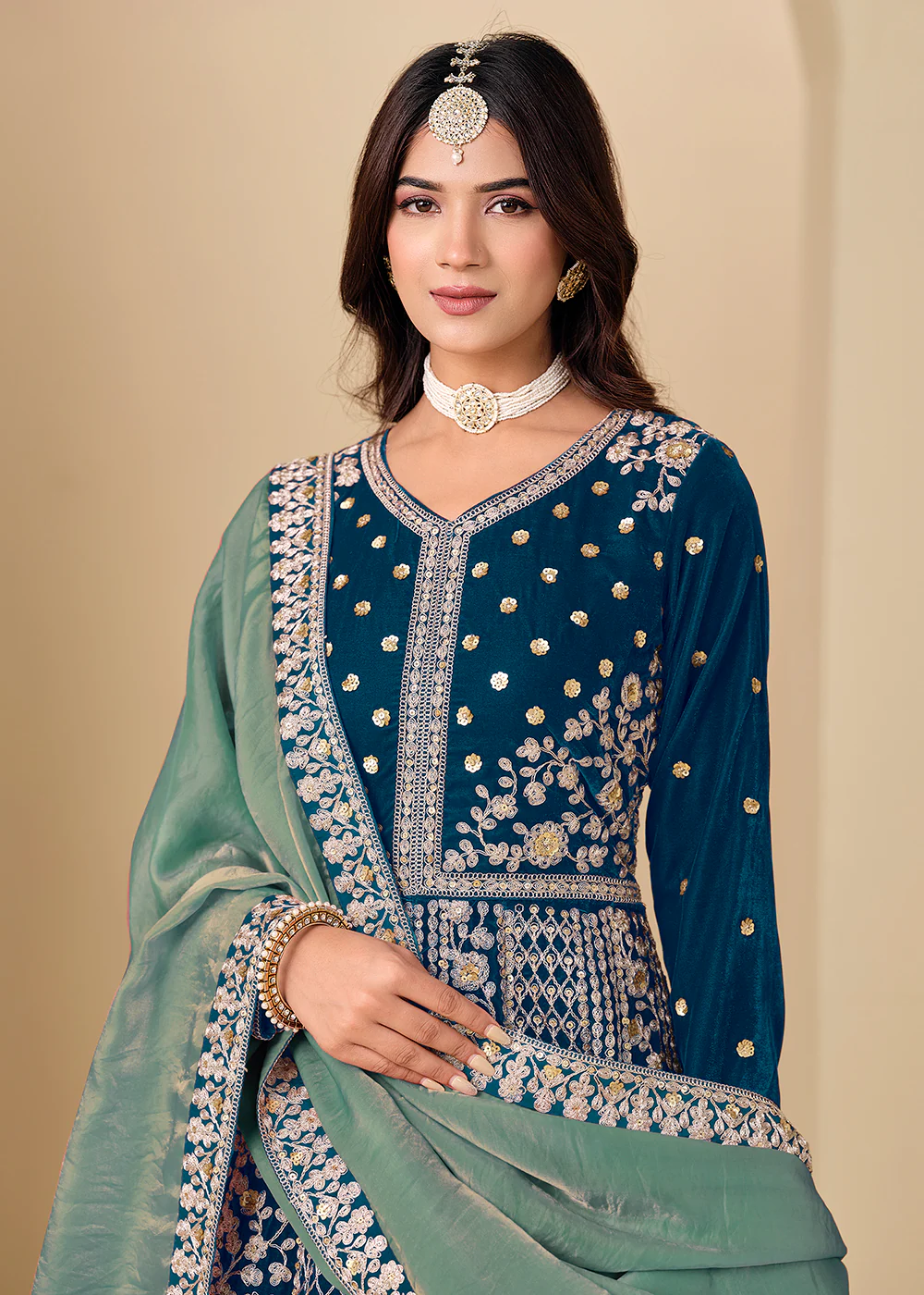 Velvet Blue Embroidered Wedding Party Anarkali Gown - Image 2