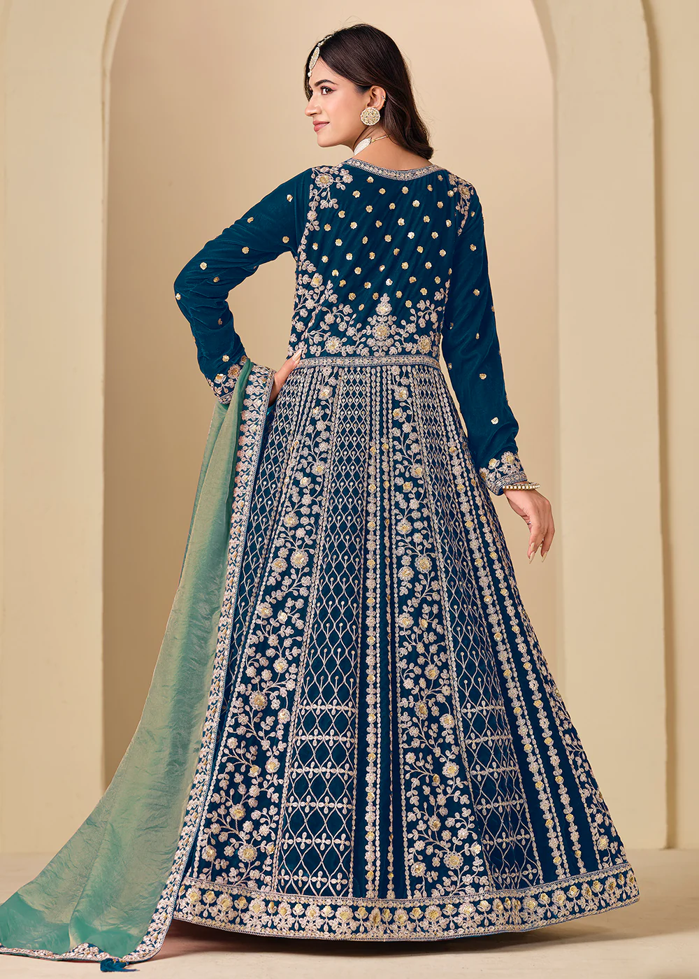 Velvet Blue Embroidered Wedding Party Anarkali Gown - Image 3