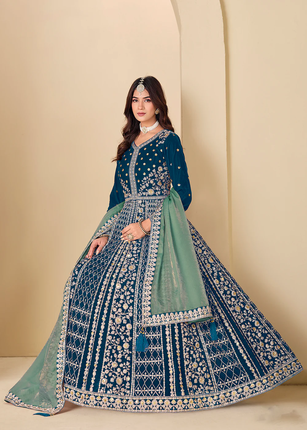 Velvet Blue Embroidered Wedding Party Anarkali Gown - Image 4