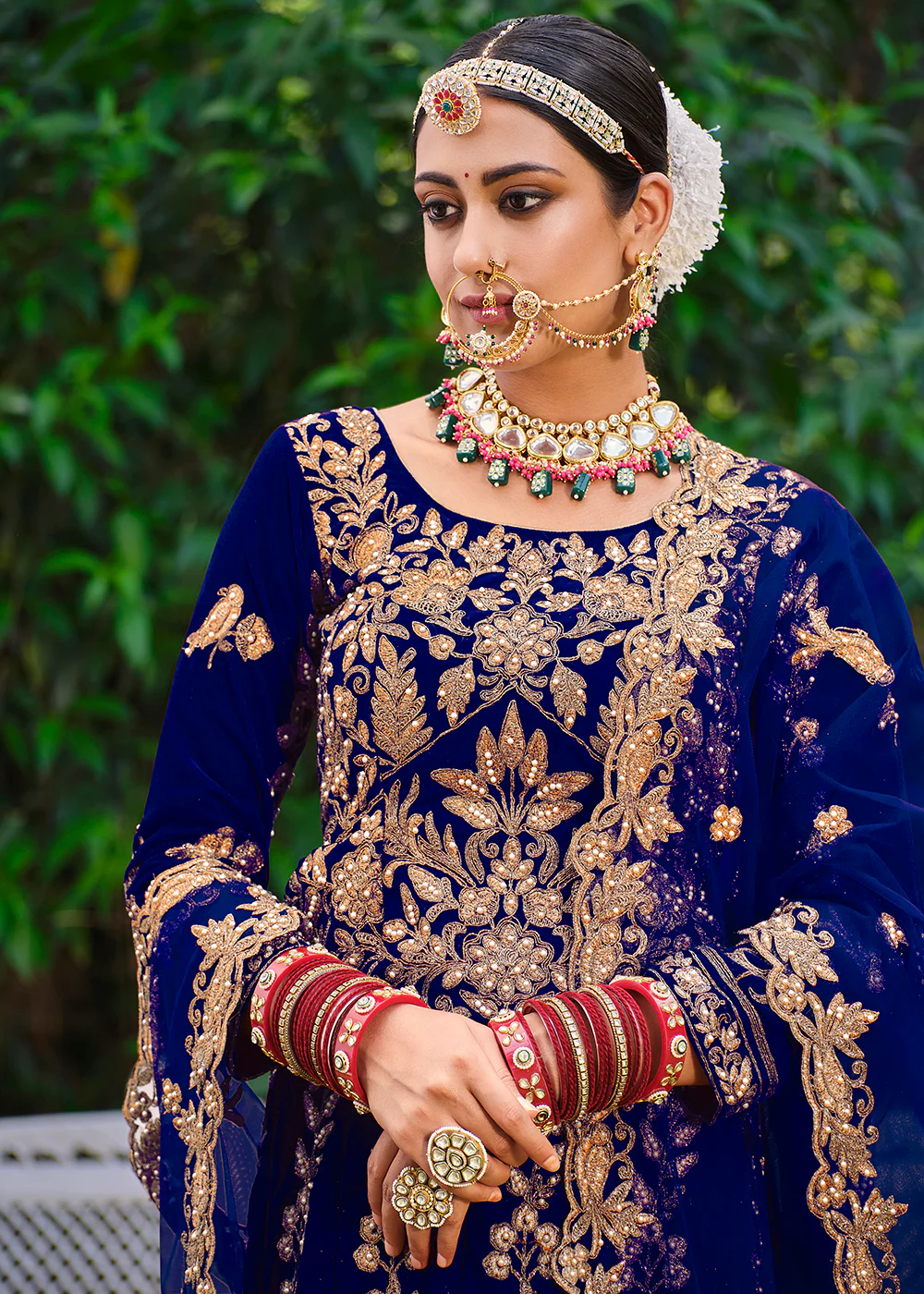 Velvet Dazzling Blue Stone Cording Bridal Style Lehenga Choli - Image 2