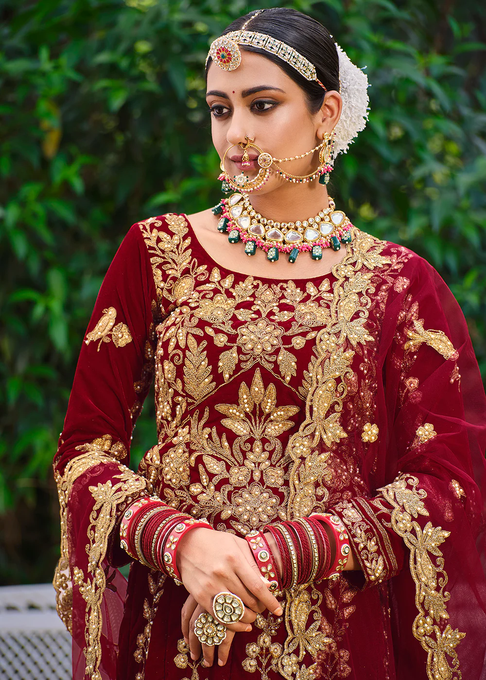 Velvet Dazzling Maroon Stone Cording Bridal Style Lehenga Choli - Image 2