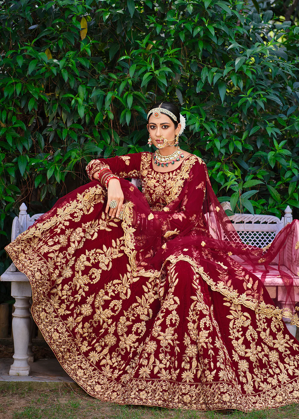 Velvet Dazzling Maroon Stone Cording Bridal Style Lehenga Choli - Image 4