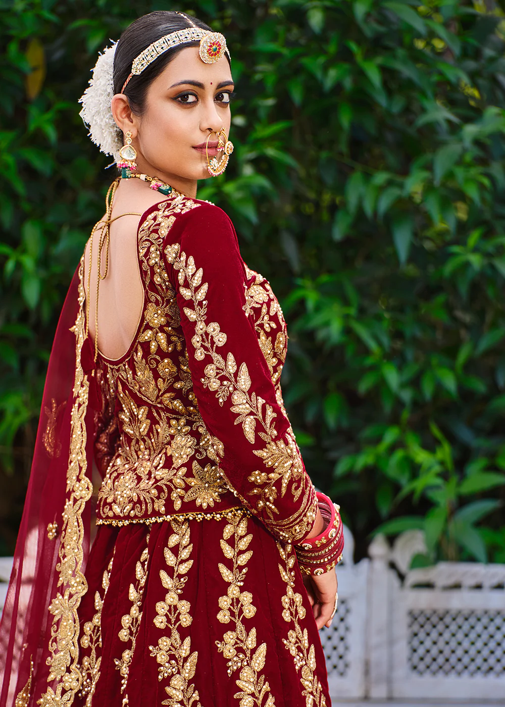 Velvet Dazzling Maroon Stone Cording Bridal Style Lehenga Choli - Image 5