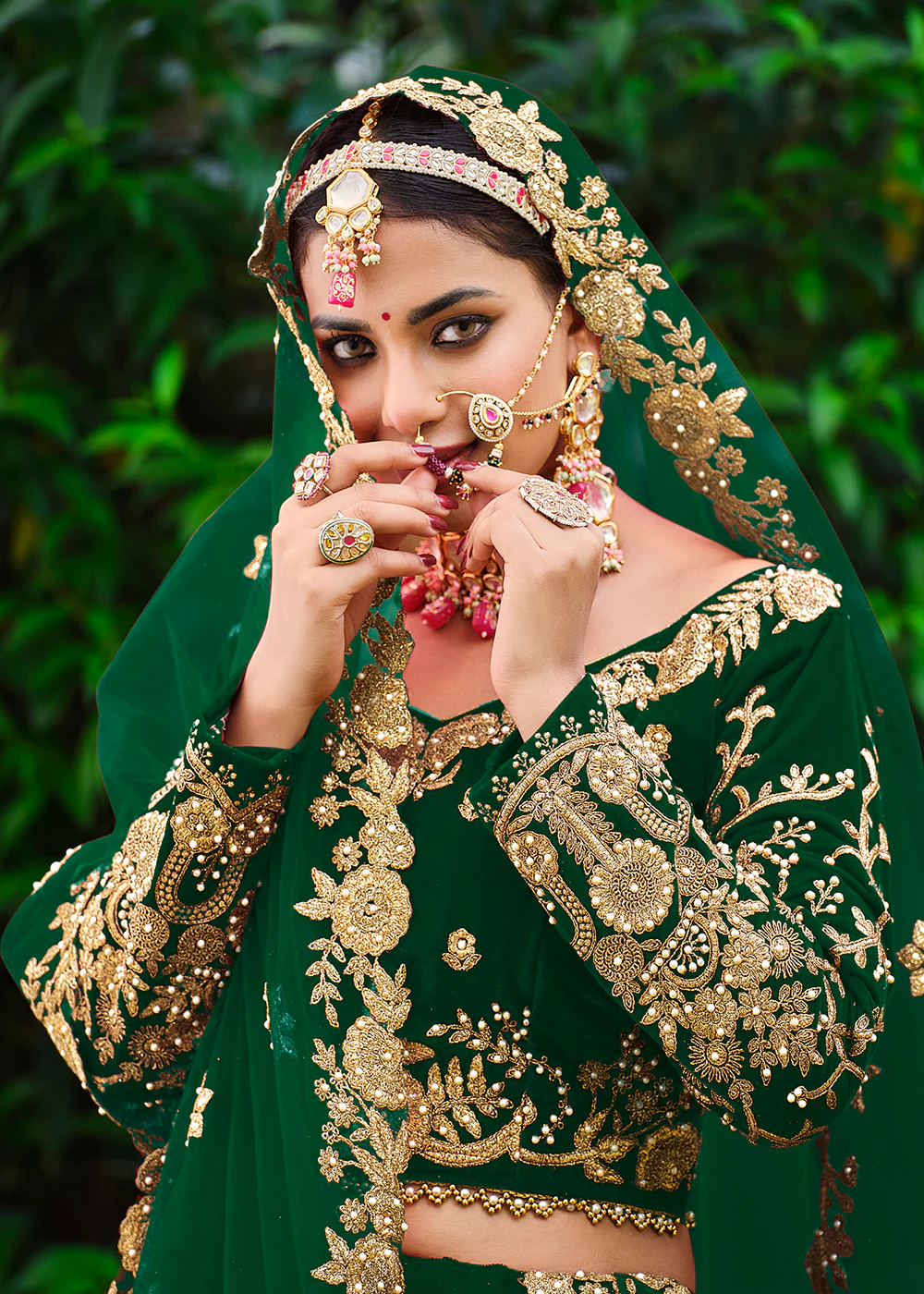Velvet Excellent Green Stone Cording Bridal Style Lehenga Choli - Image 2