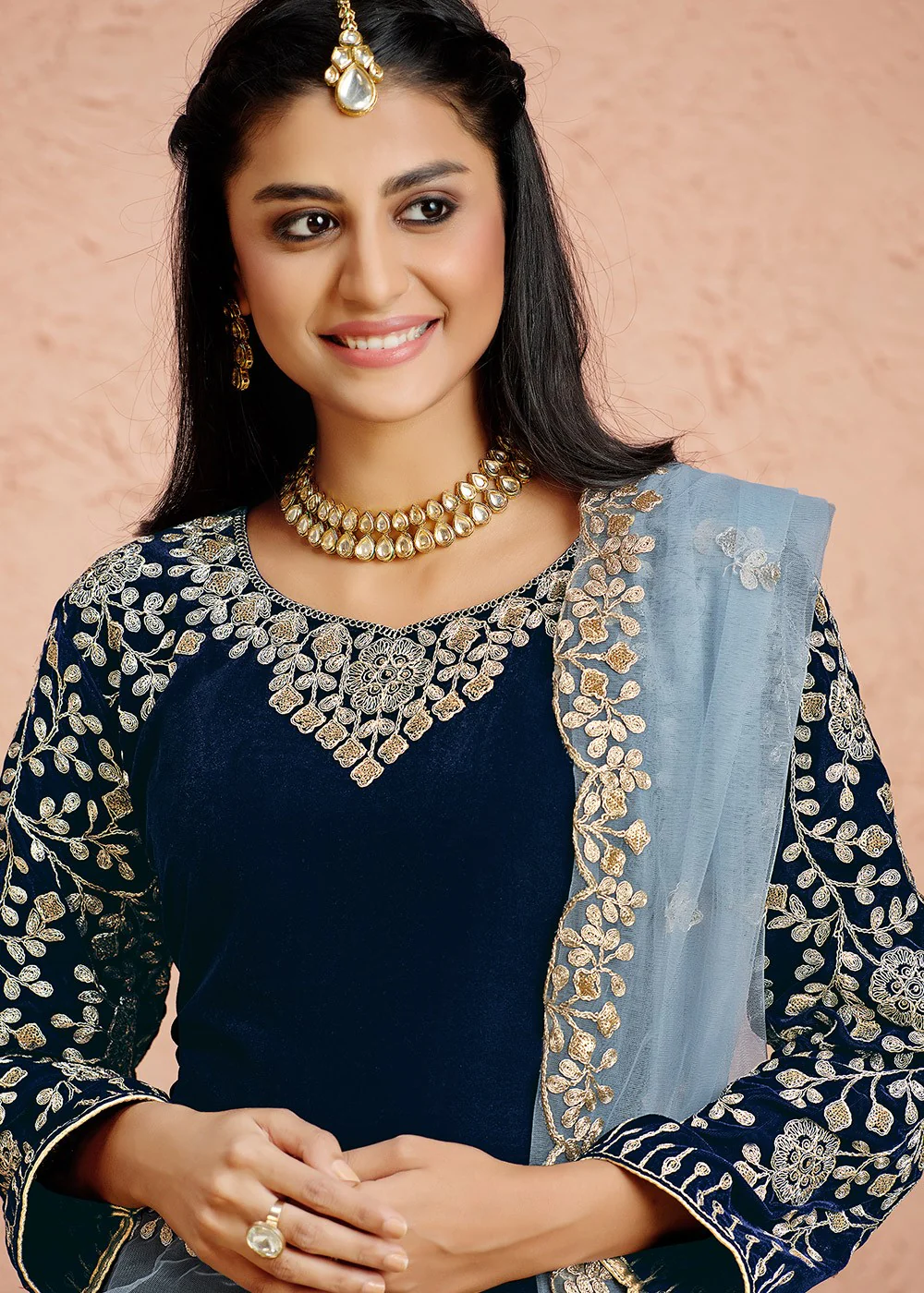 Velvet Fabric Blue Embroidered Anarkali Suit - Image 2