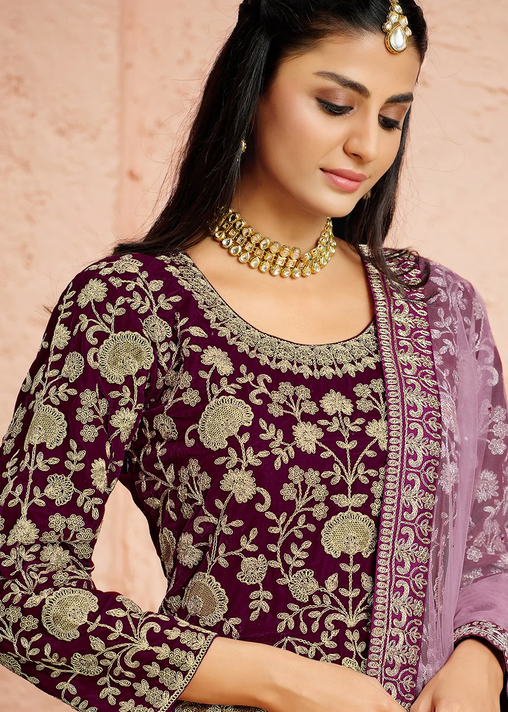 Velvet Fabric Purple Embroidered Anarkali Suit - Image 2