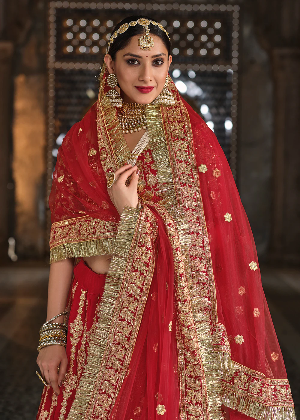 Velvet Maroon Red Stone Embroidered Bridal Lehenga Choli - Image 2