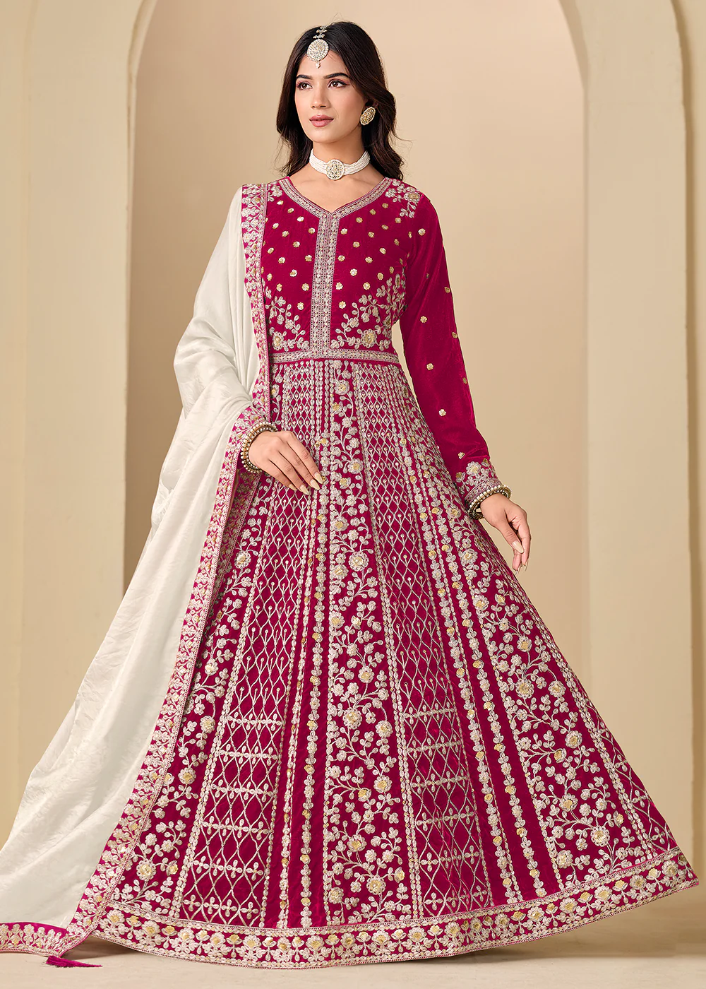 Velvet Pink Embroidered Wedding Party Anarkali Gown